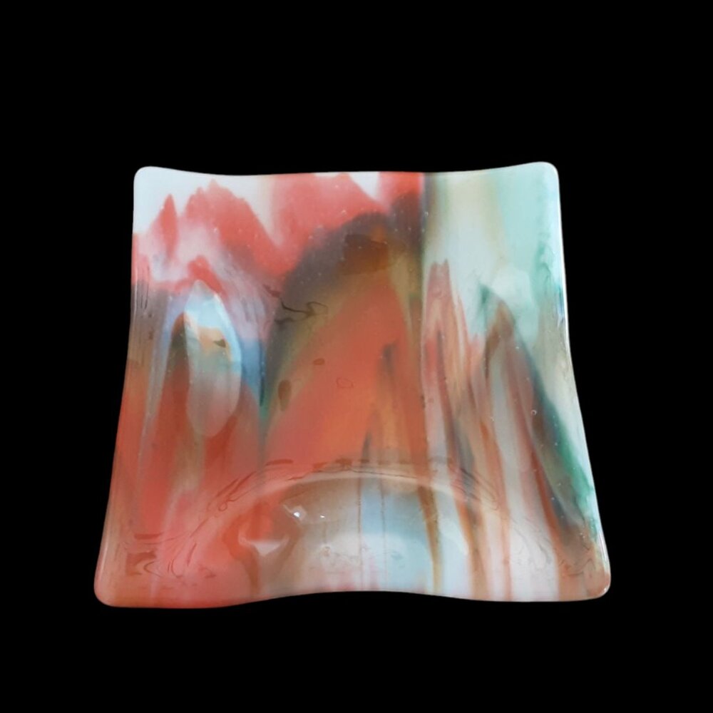 Fused Orange Green White Streaks Fused Art Glass Platter.  9 X 9" Square